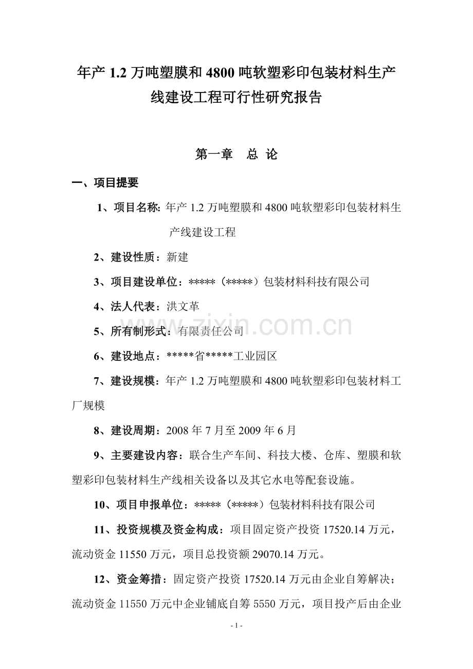 年产1.2万吨塑膜和4800吨软塑彩印包装材料生产线投资工程投资投资可行性研究报告.doc_第1页