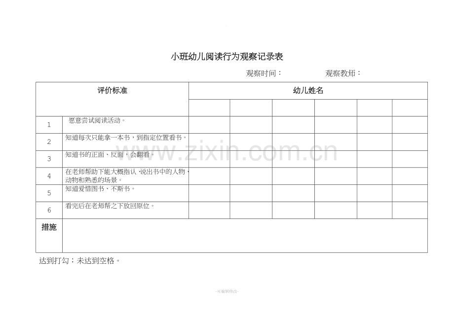 小班上学期幼儿阅读行为观察记录表.doc_第1页