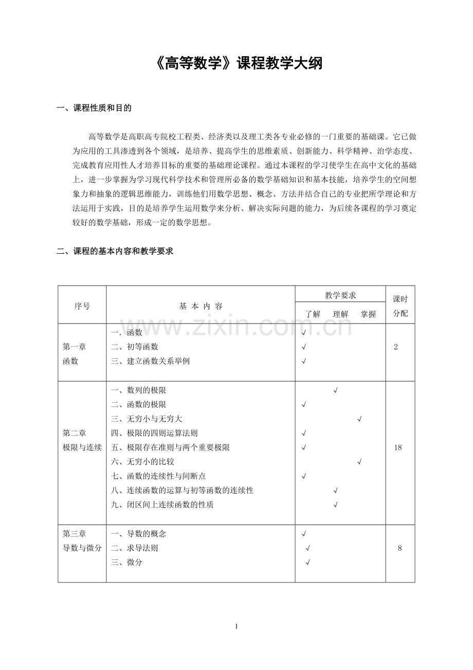 高职高专高等数学教学大纲及几点教学意见.doc_第1页