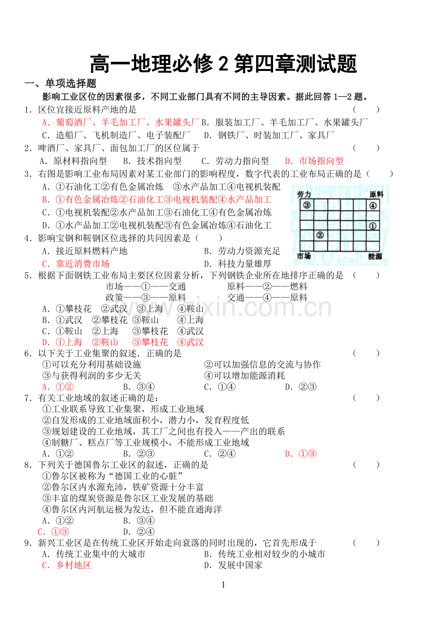 第四章工业地域的形成与发展习题-(附答案).doc_第1页