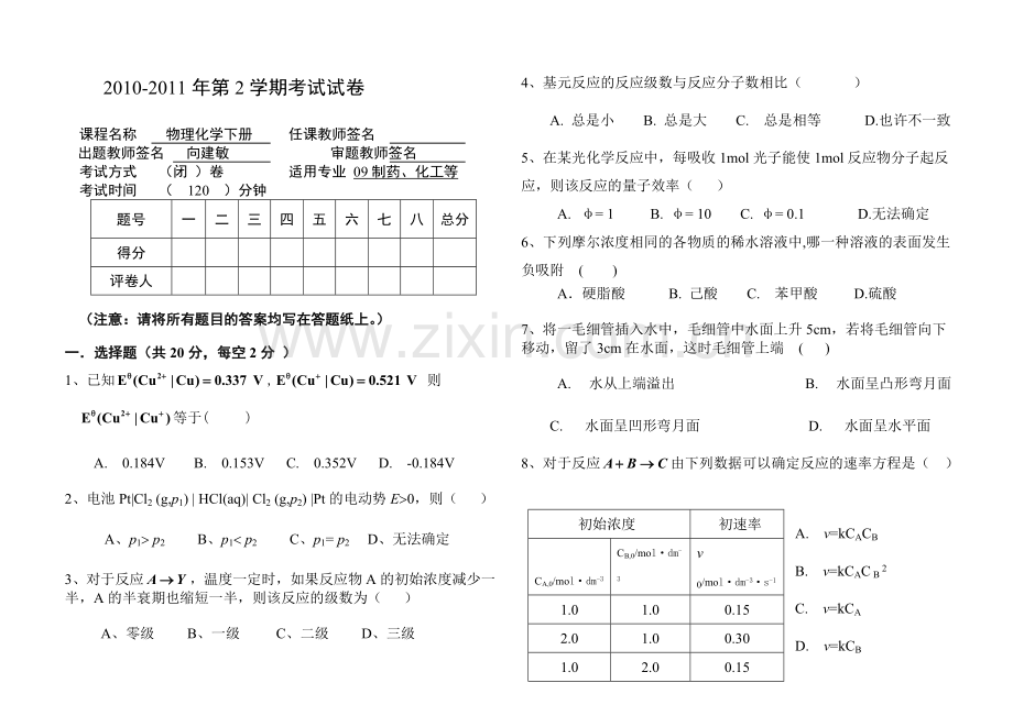 武汉工程大学-2009级物理化学期末考试试卷(下册).doc_第1页