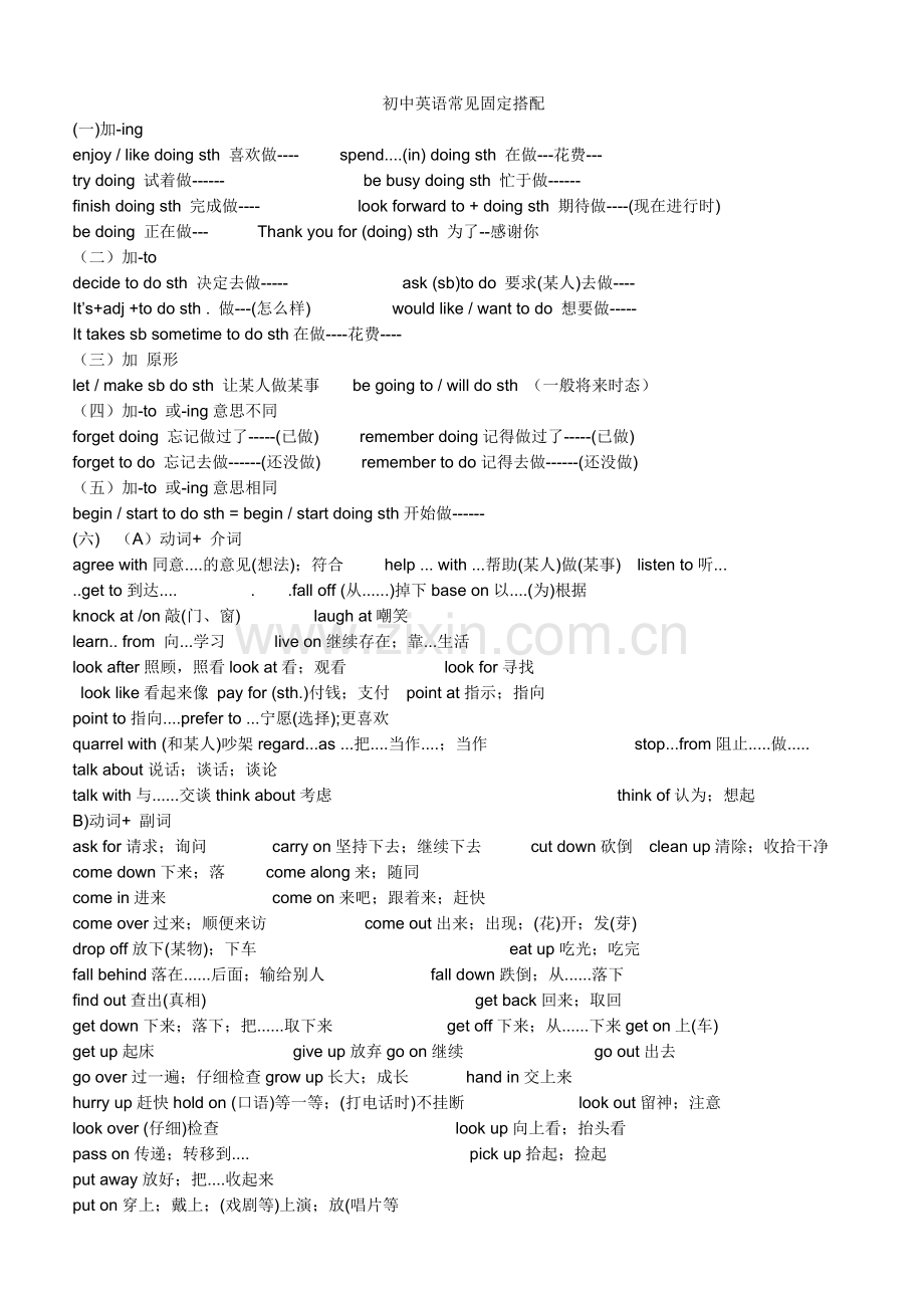 初中英语固定词组及句型搭配.doc_第1页