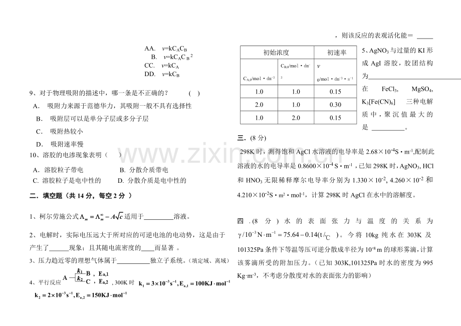 武汉工程大学09级物理化学期末考试试卷(下册)A.doc_第2页