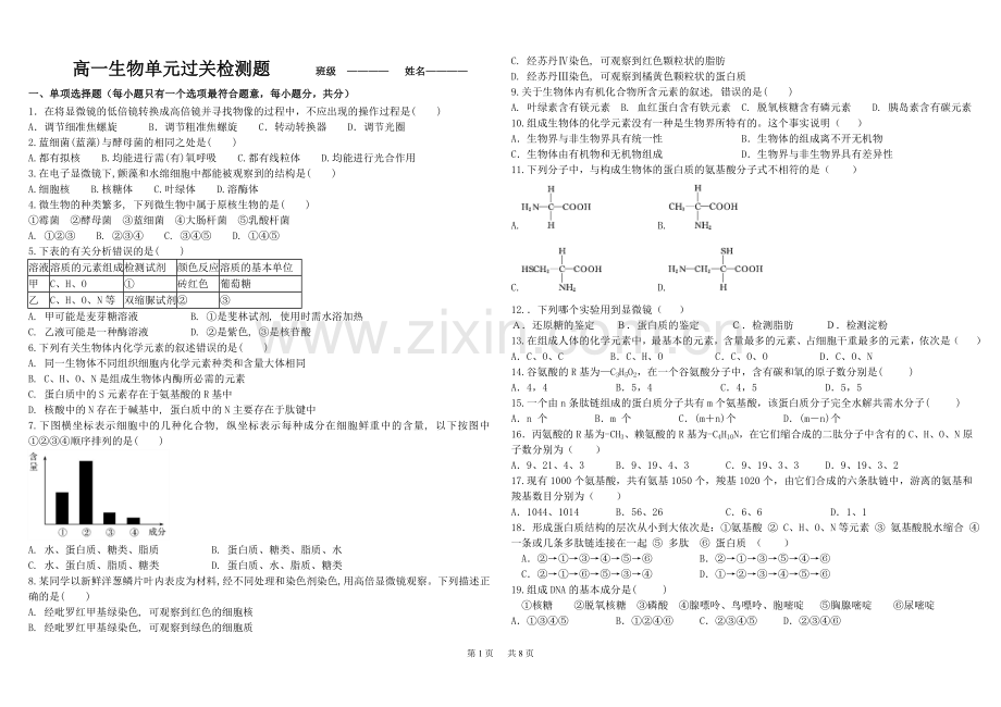 高中生物必修一第一二章测试题(含答案).doc_第1页