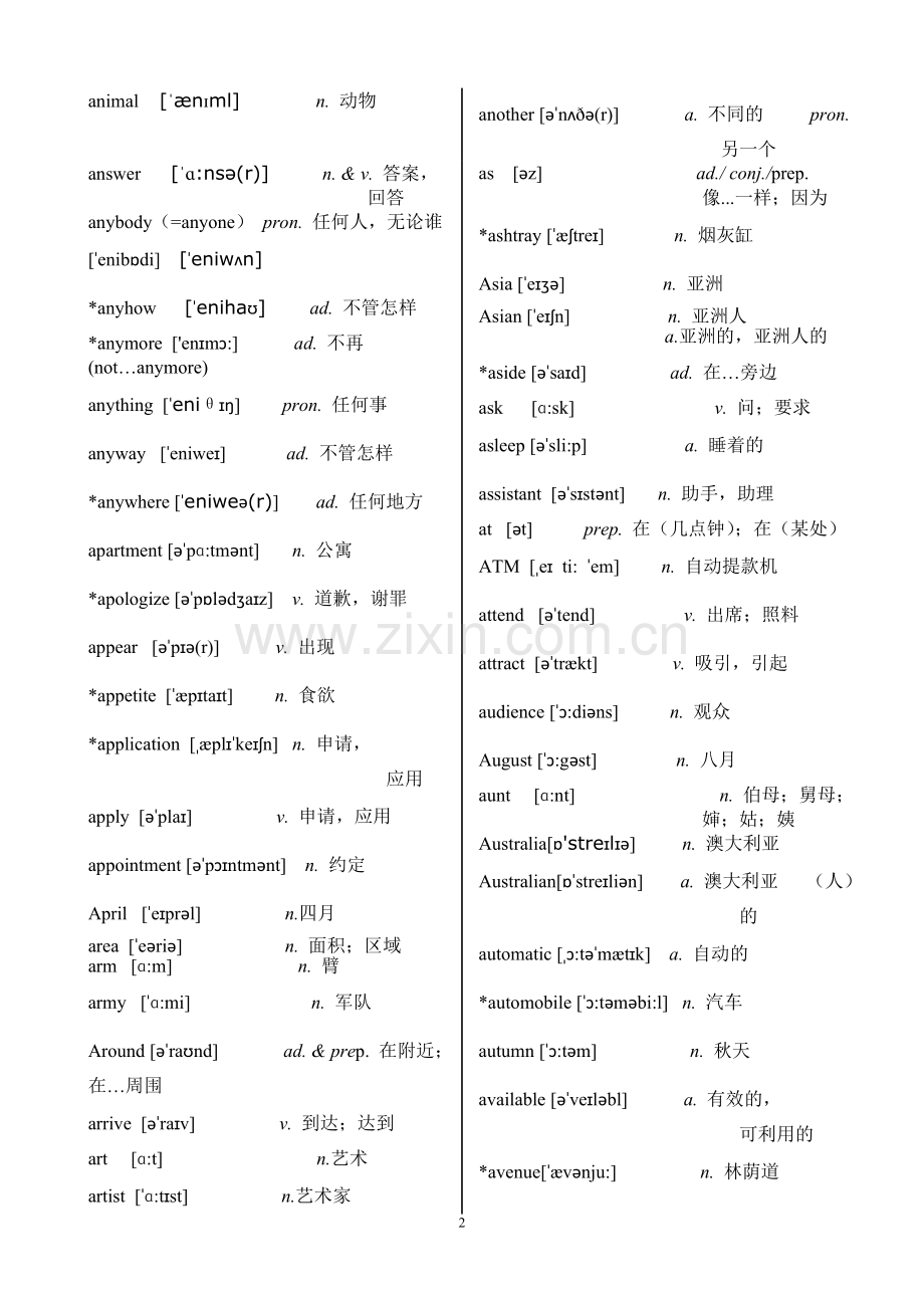 高职高专教育英语课程教学基本要求(试行)A级---附表四(词汇表)加注音标.doc_第2页