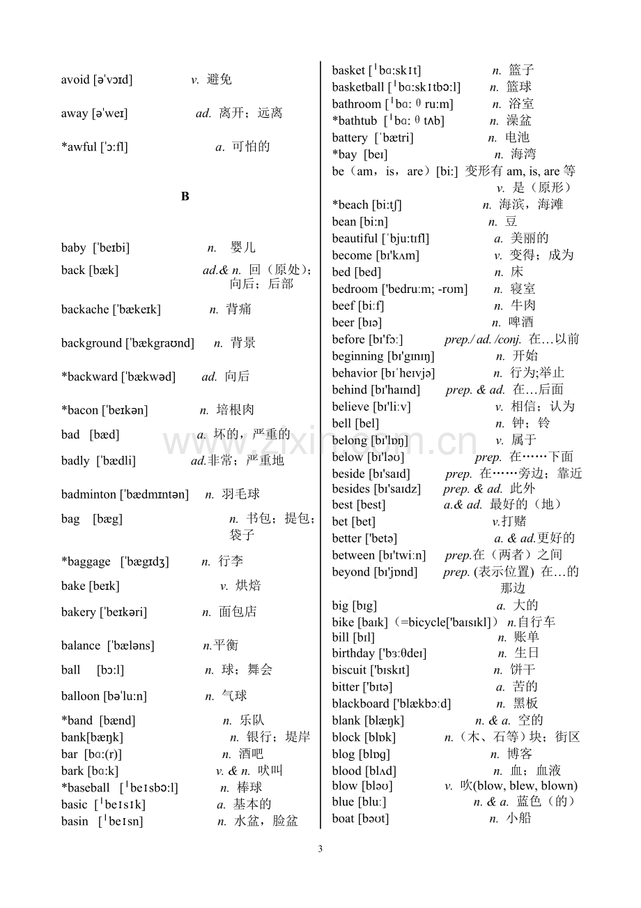 高职高专教育英语课程教学基本要求(试行)A级---附表四(词汇表)加注音标.doc_第3页