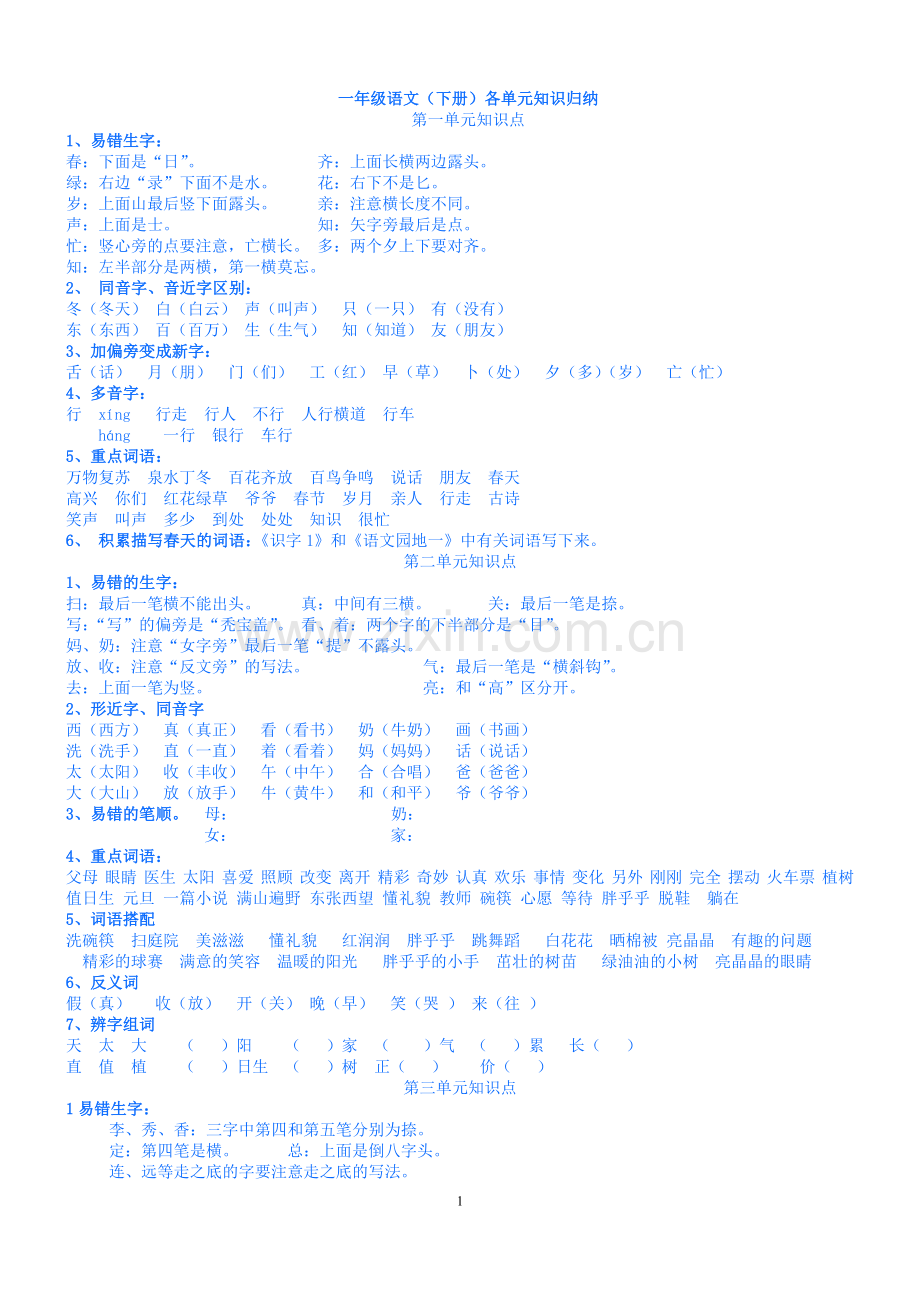 (整理)人教版一年级语文(下册)各单元知识归纳.doc_第1页