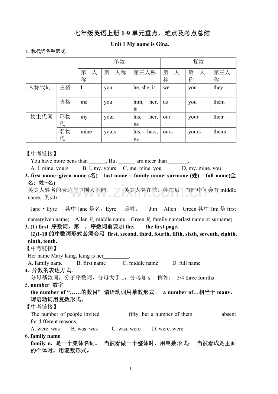 七年级英语上册1-9单元重点.难点及易考点总结.pdf_第1页