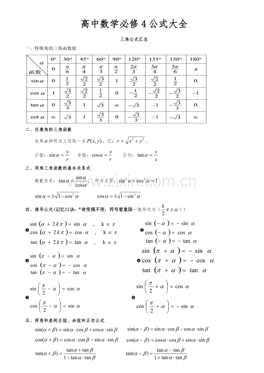 高中数学必修4——三角与向量公式大全.doc_第1页