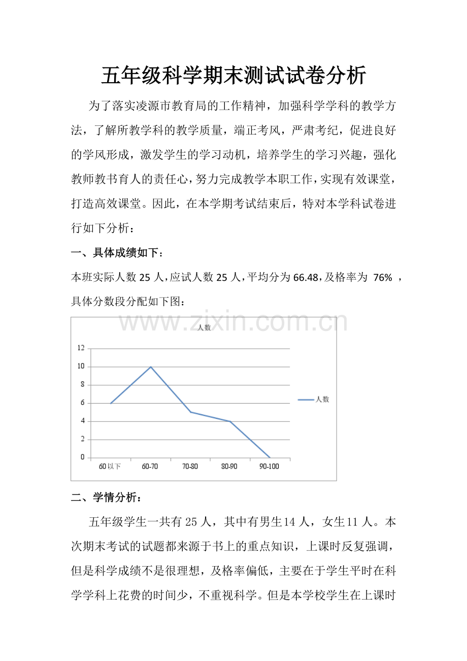 苏教版五年级科学期末考试试卷分析.doc_第1页