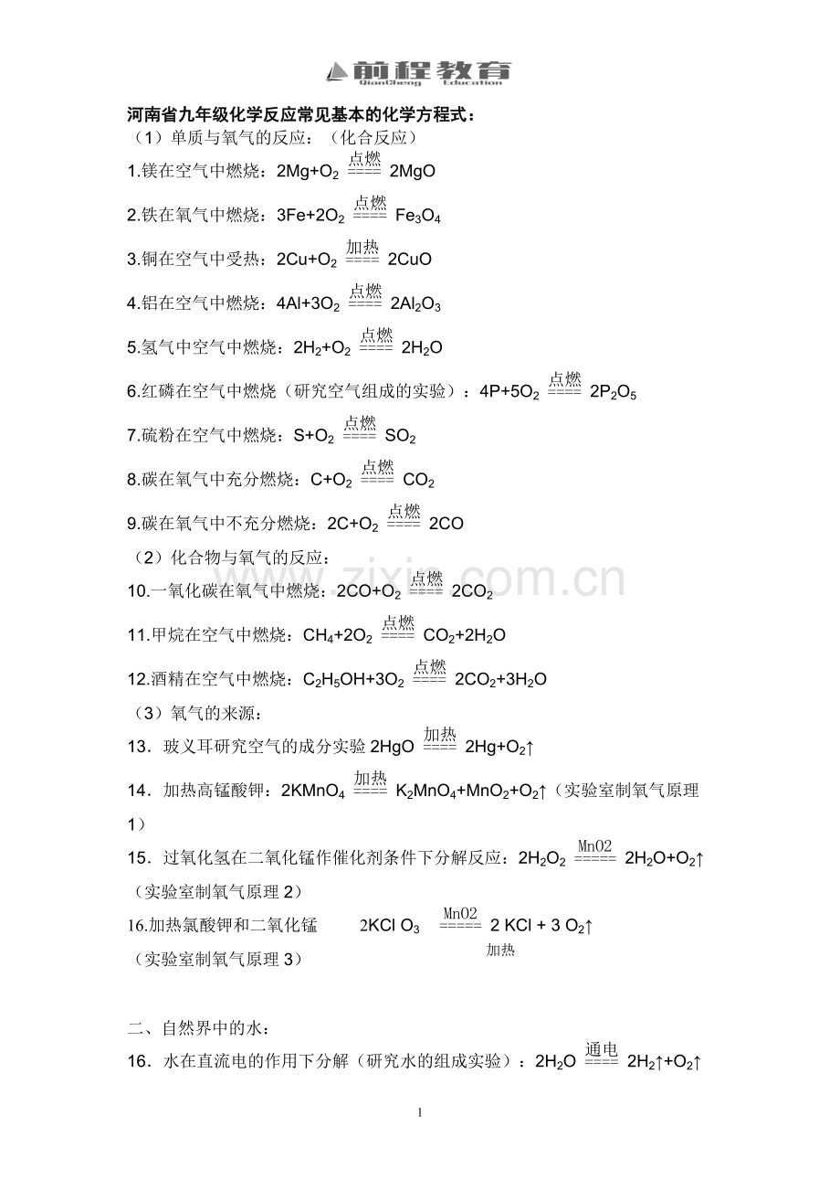 河南省九年级化学方程式总结.doc_第1页