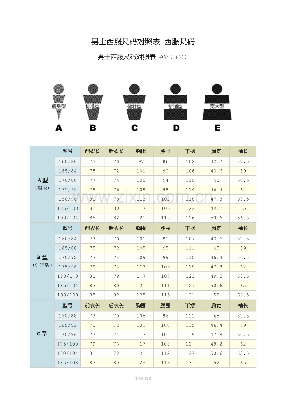 男士西服尺码对照表-西服尺码.doc_第1页