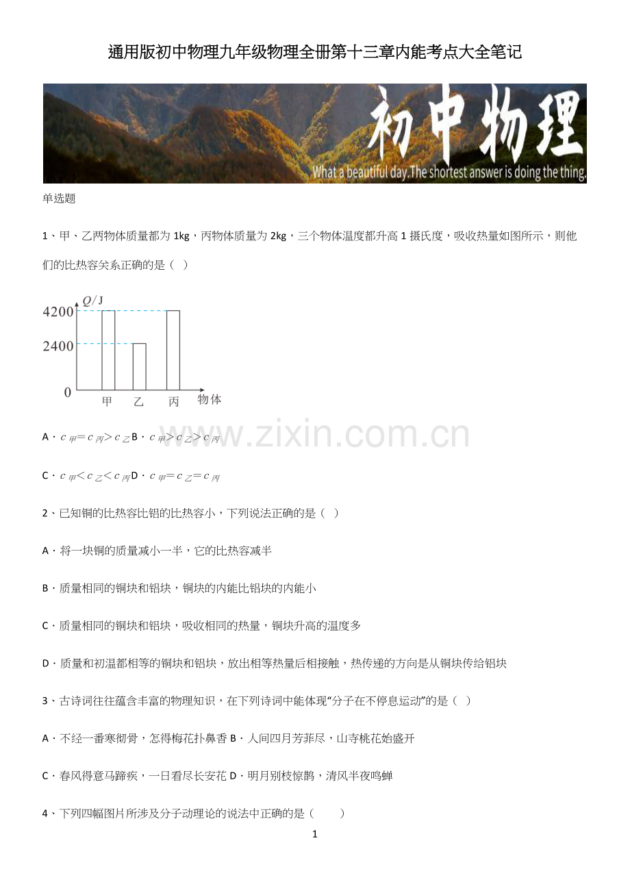 通用版初中物理九年级物理全册第十三章内能考点大全笔记.docx_第1页