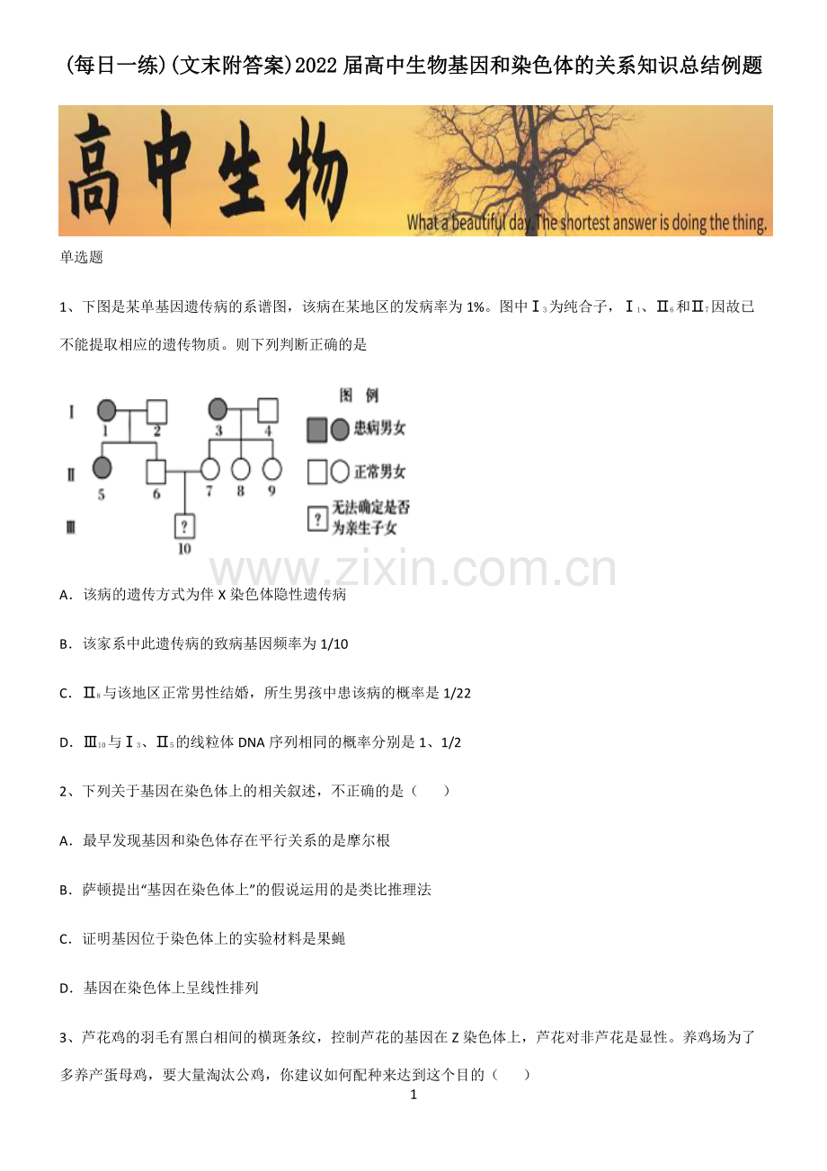 (文末附答案)2022届高中生物基因和染色体的关系知识总结例题.pdf_第1页