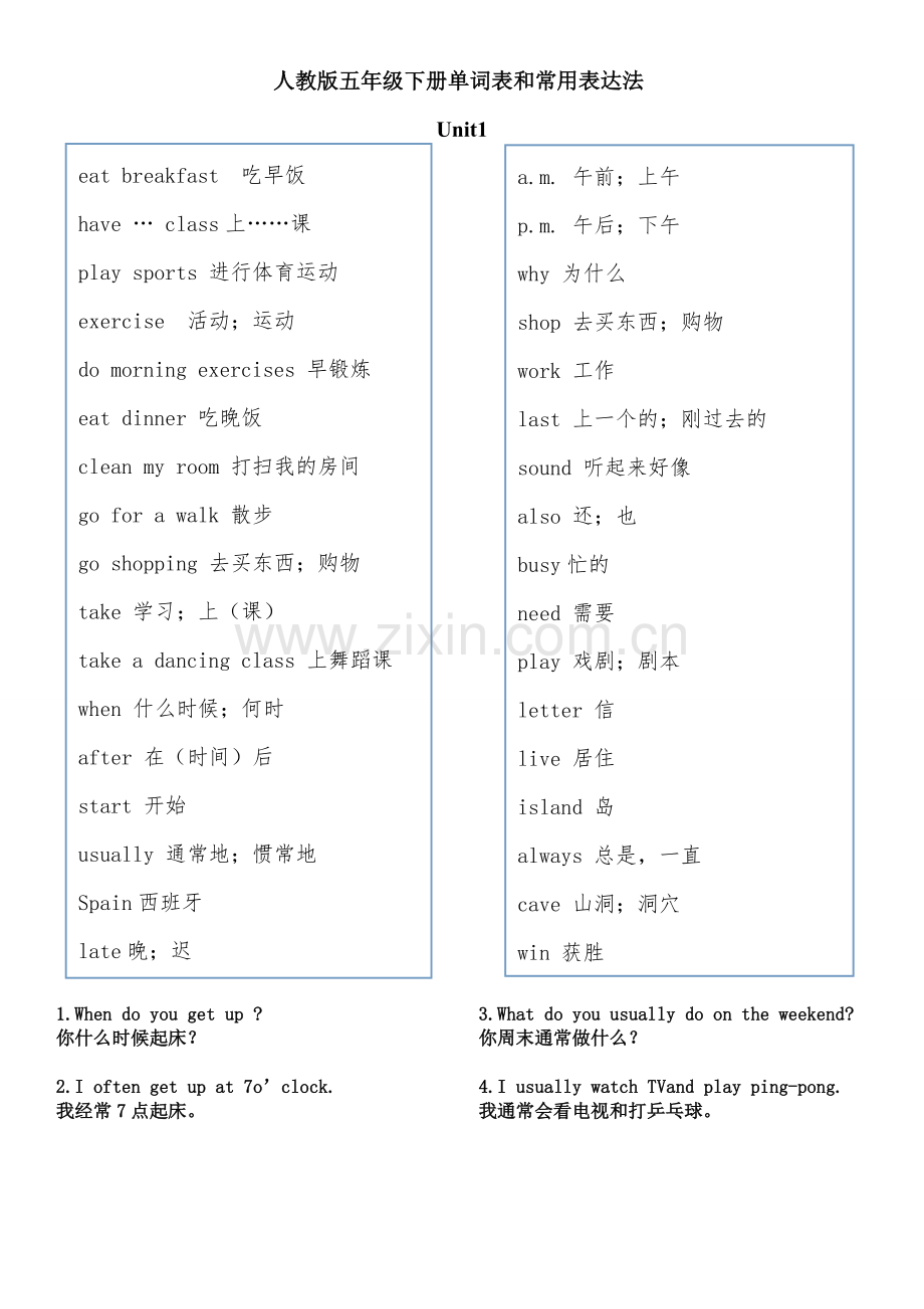 小学人教版五年级英语下册单词及常用句型.doc_第1页