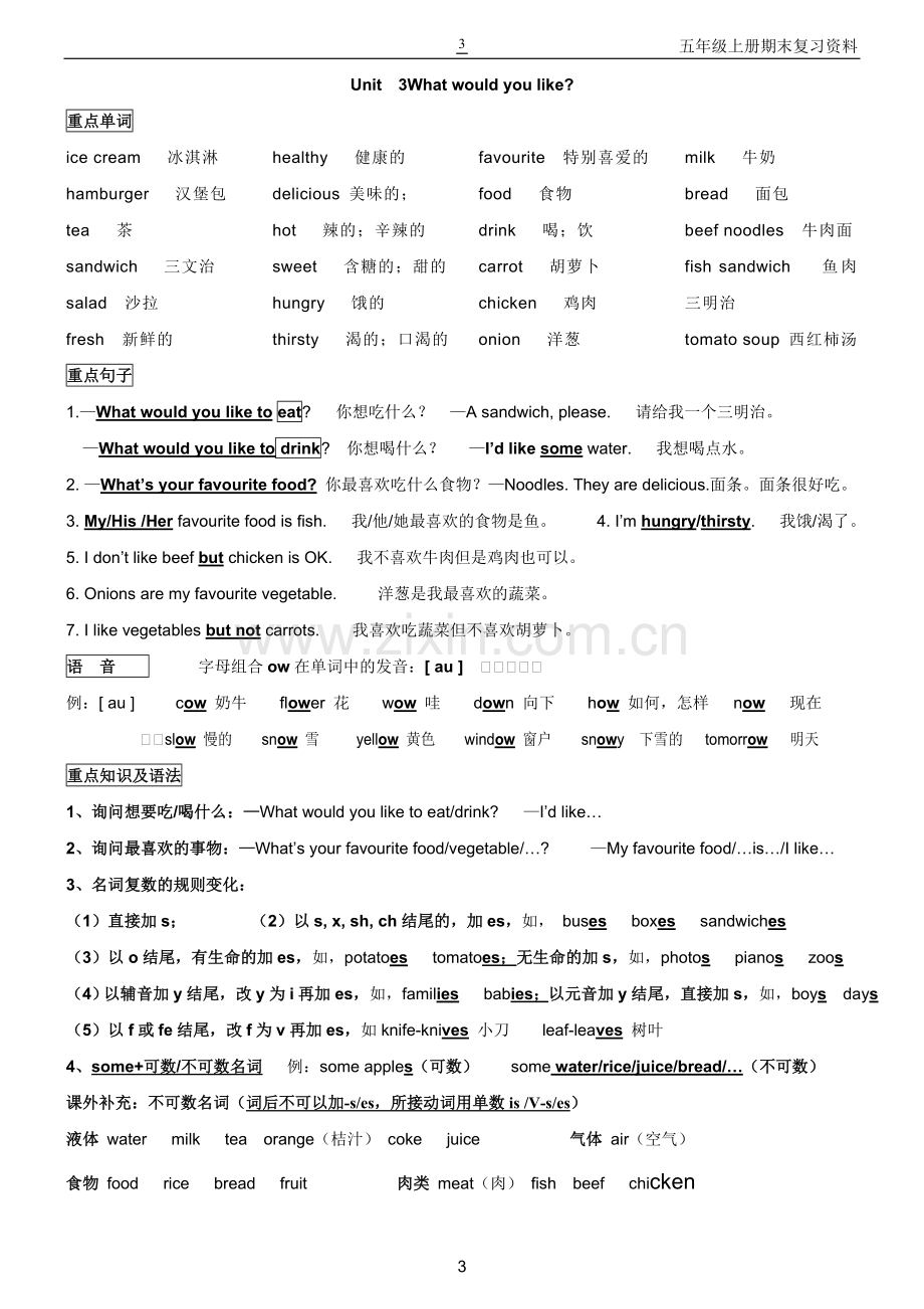 -新人教版PEP五年级英语上册复习资料.doc_第3页