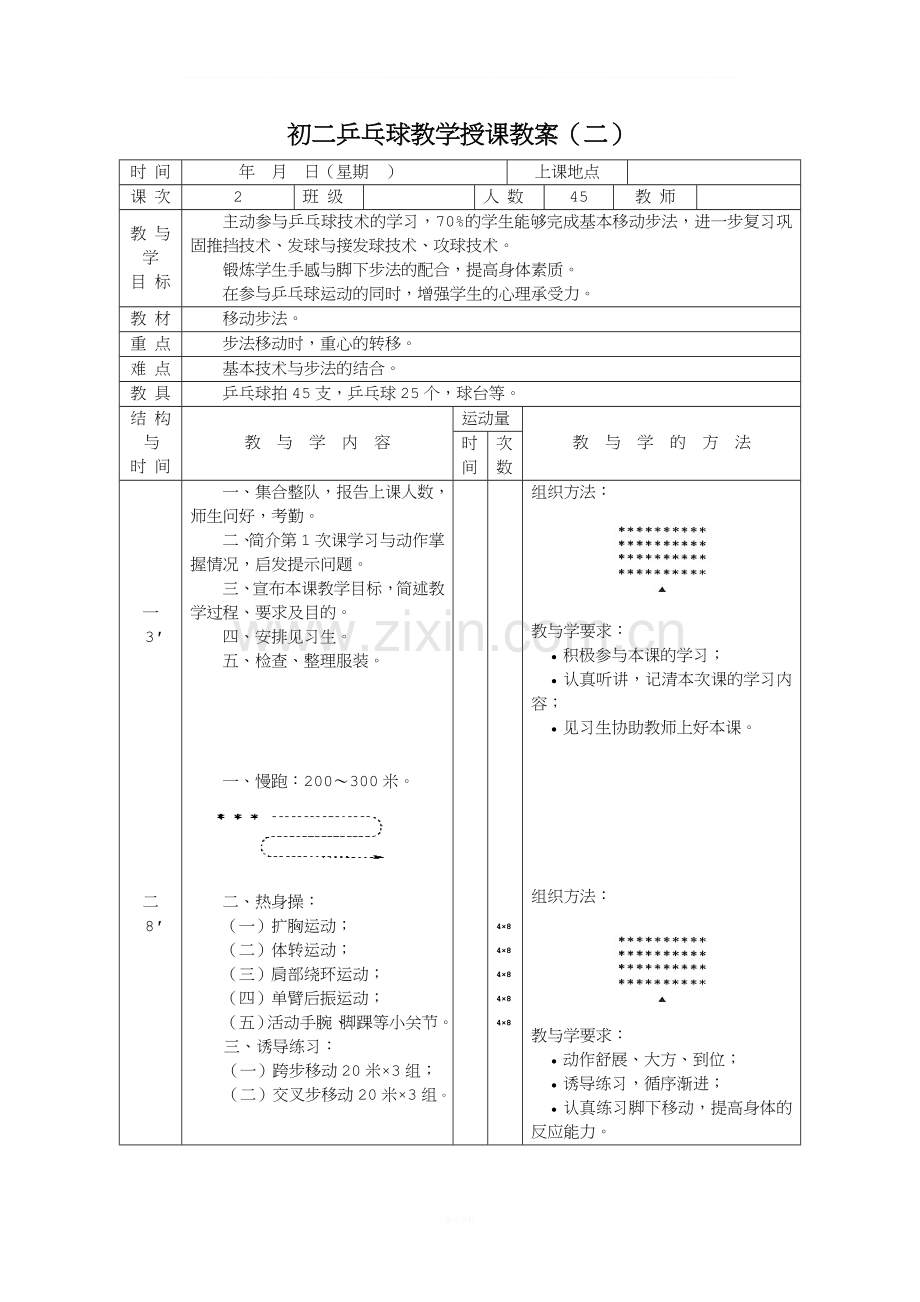 初二乒乓球教学授课教案2.doc_第1页