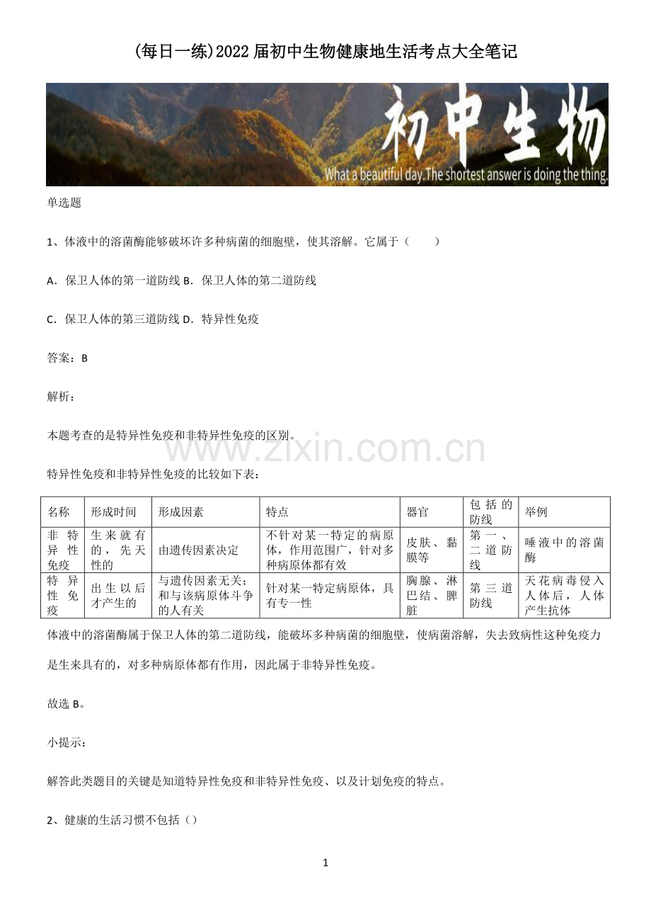 2022届初中生物健康地生活考点大全笔记.pdf_第1页