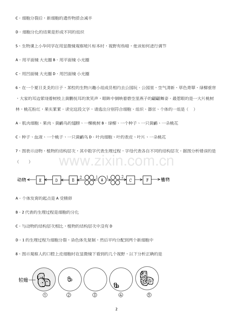 通用版初中生物七年级上册第二单元生物体的结构层次解题技巧总结.docx_第2页