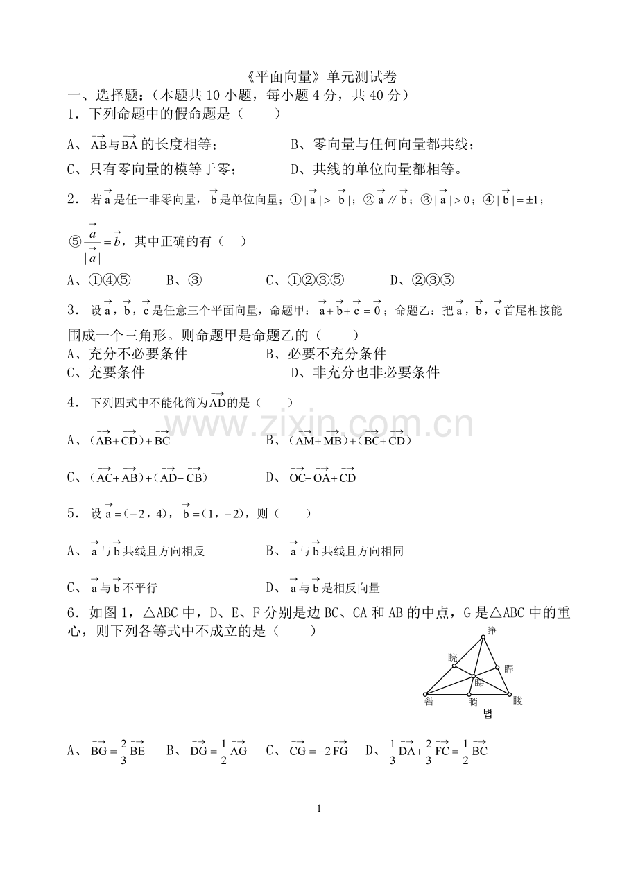 平面向量单元测试卷及答案.doc_第1页