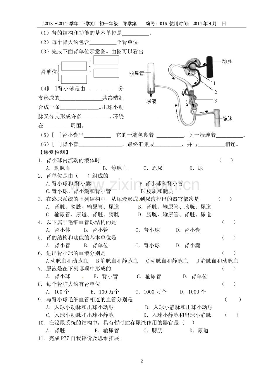 015-11.1人体泌尿系统的组成导学案(苏教版).doc_第2页