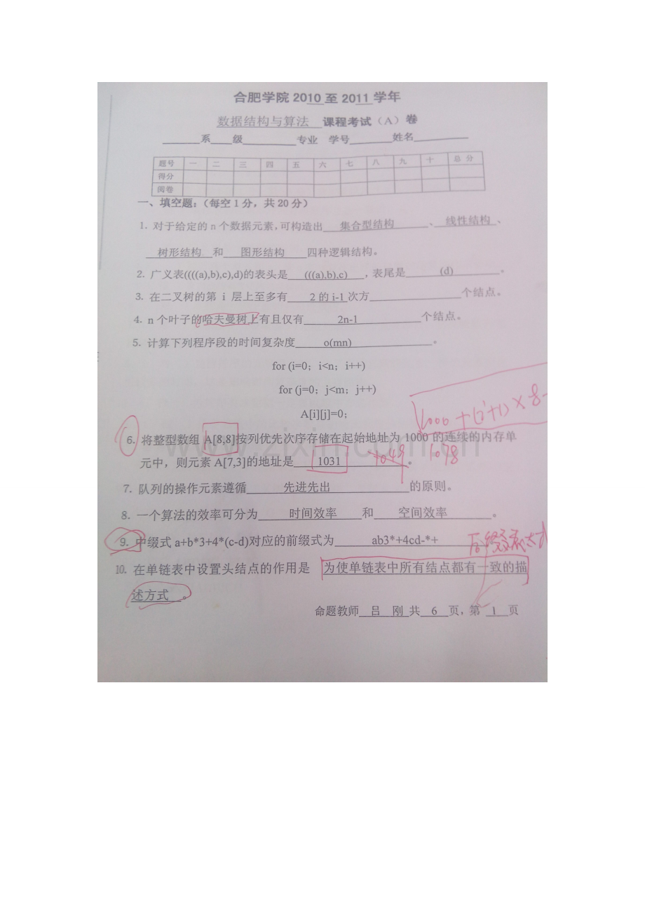 -合肥学院2010年数据结构期末试卷.doc_第1页