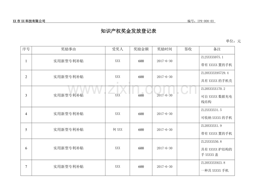 008-03知识产权奖金发放登记表.doc_第1页