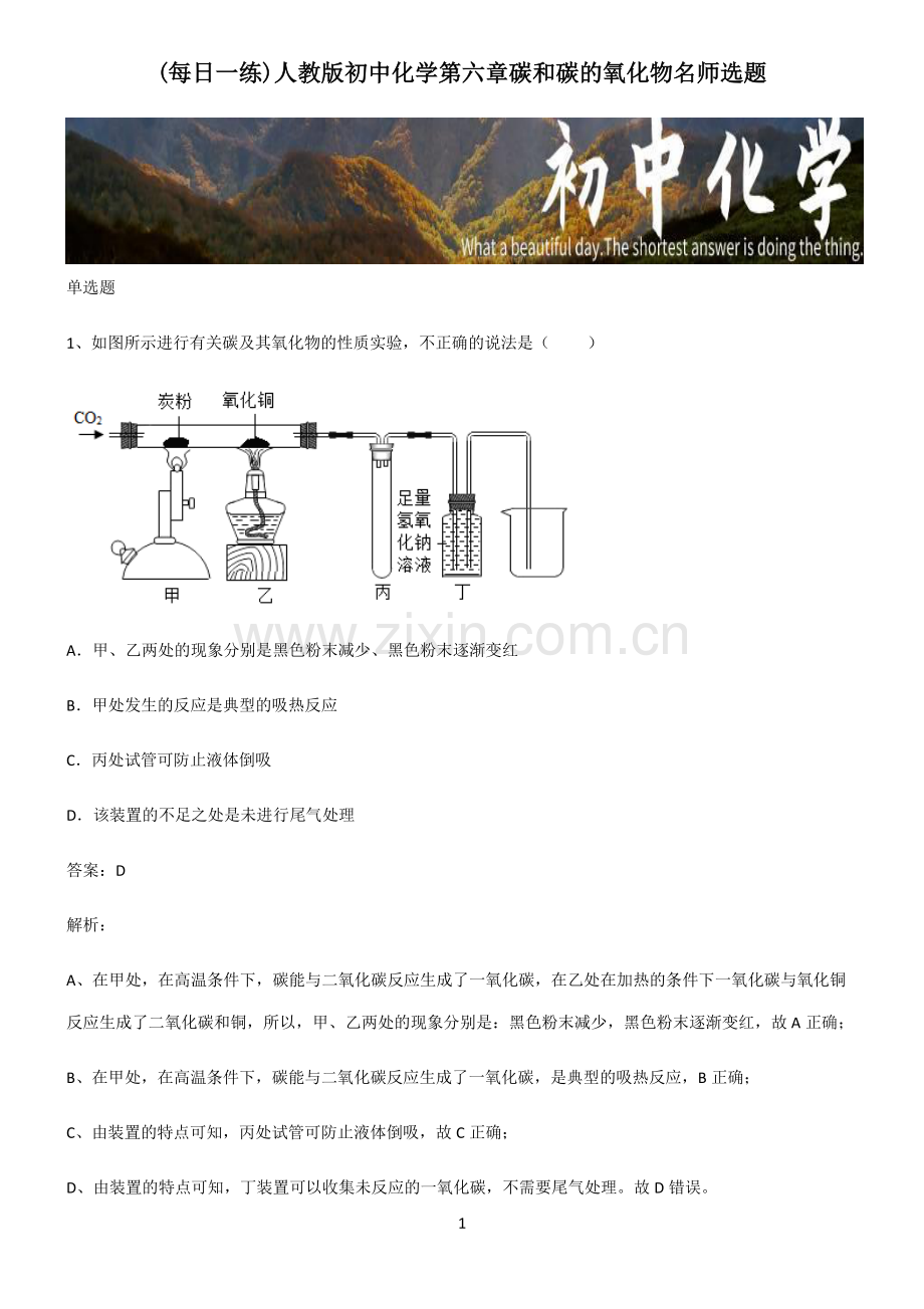 人教版初中化学第六章碳和碳的氧化物名师选题.pdf_第1页