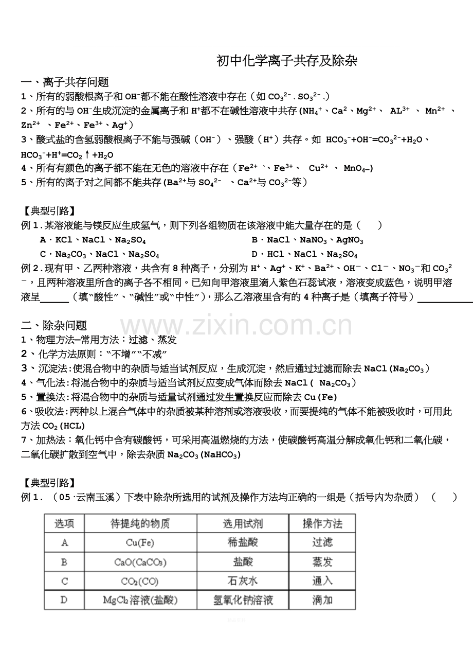 九年级化学离子共存鉴别及除杂.doc_第1页