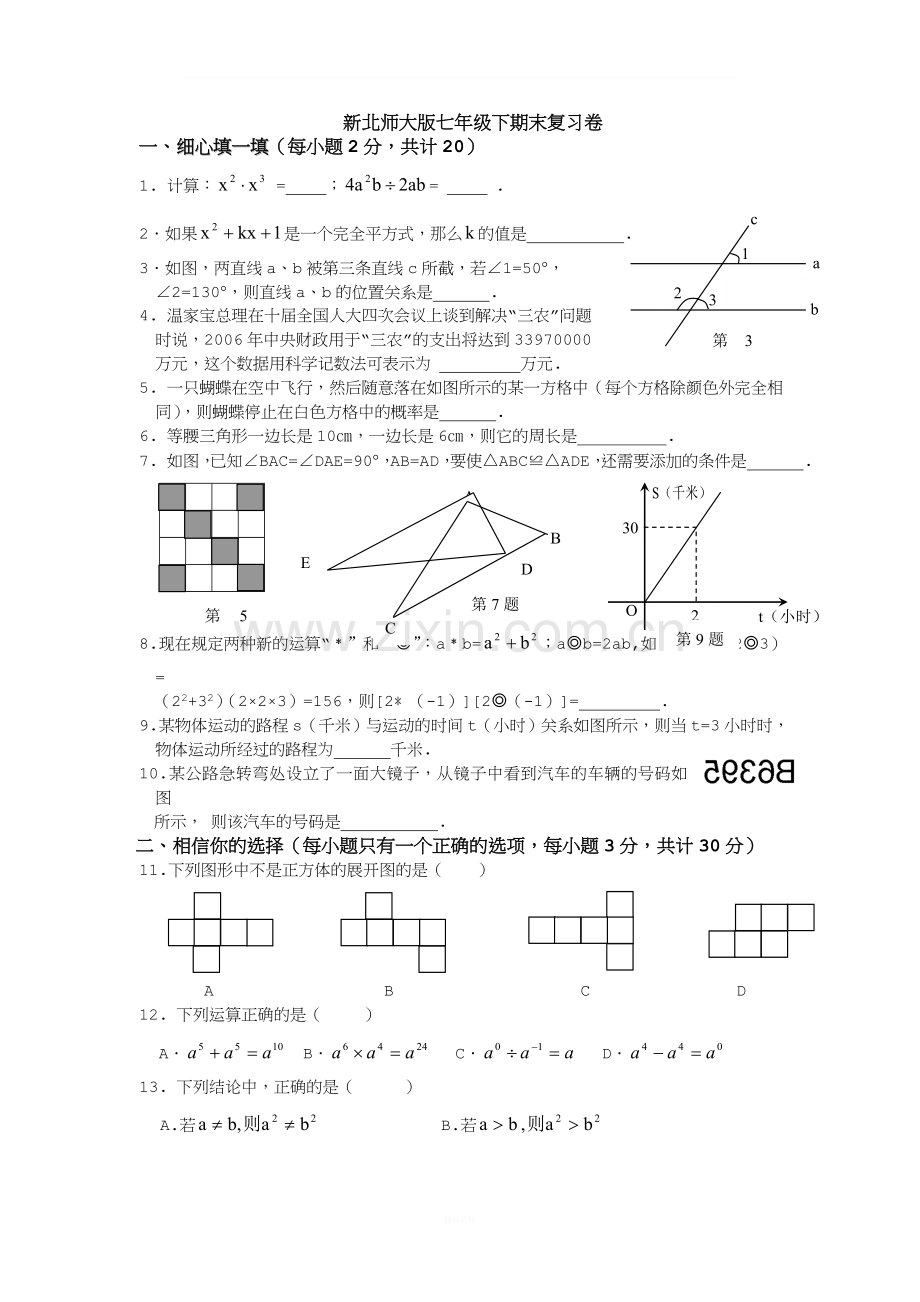 新北师大版七年级下册数学期末复习卷.doc_第1页