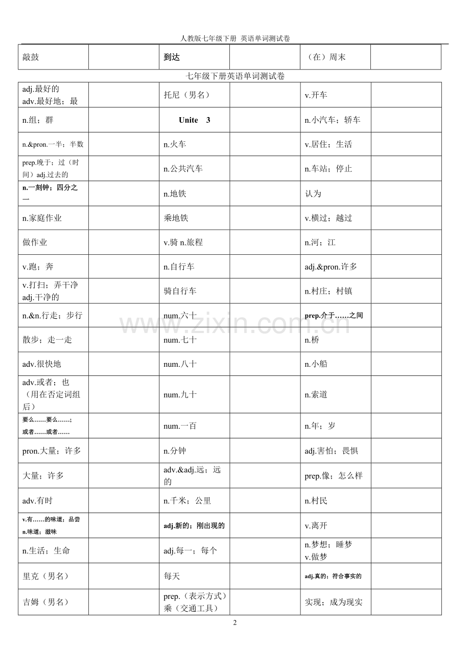 七年级下册单词测试卷.pdf_第2页