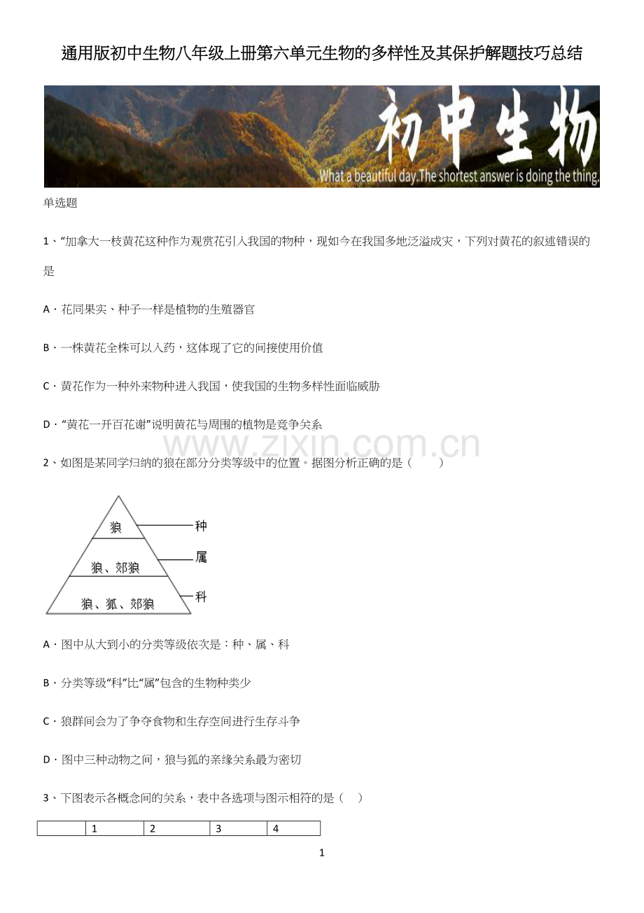 通用版初中生物八年级上册第六单元生物的多样性及其保护解题技巧总结.docx_第1页