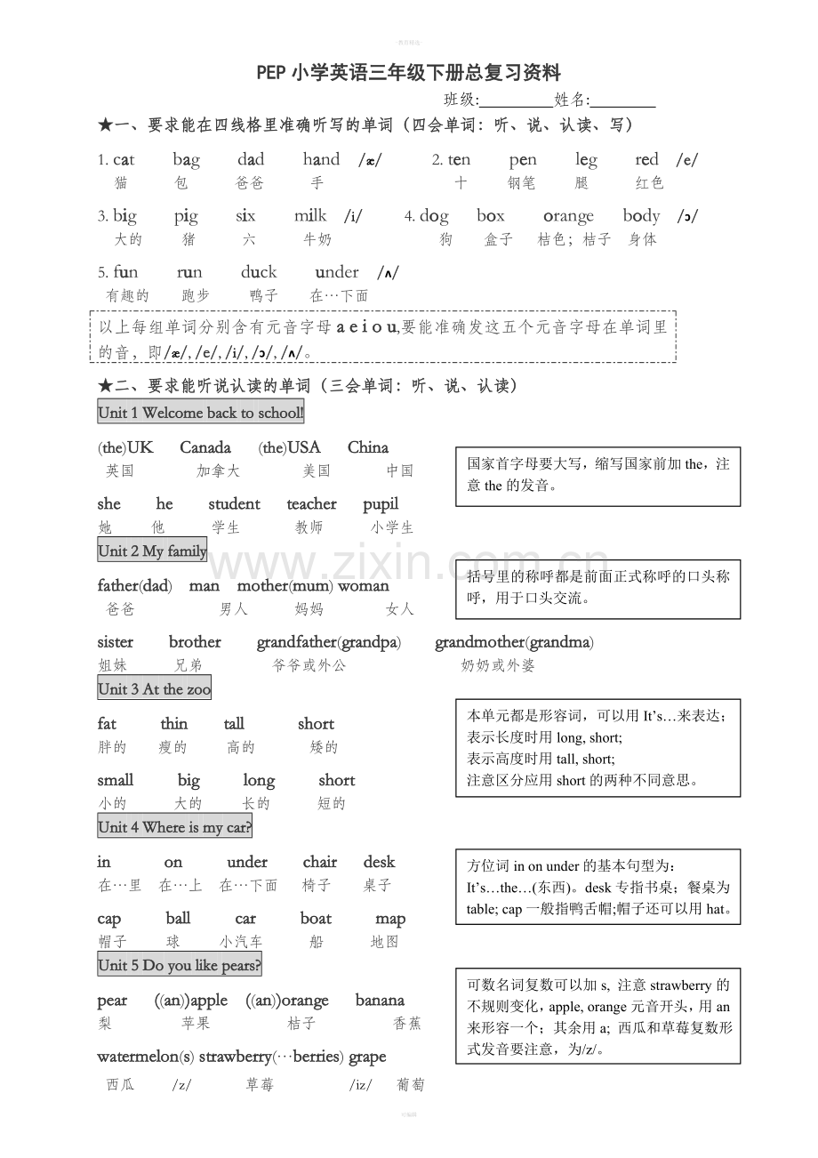 新PEP小学英语三年级下册总复习资料.doc_第1页