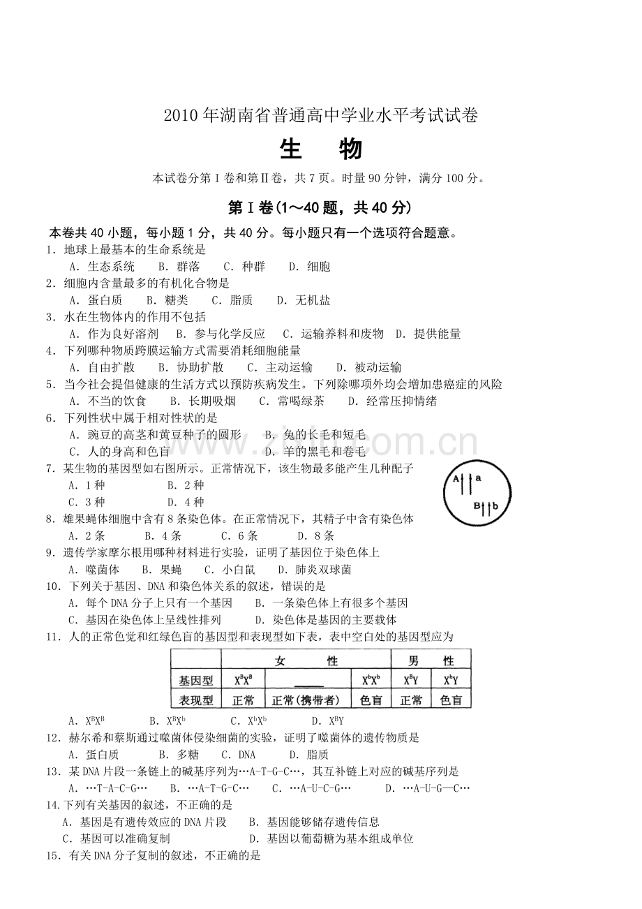 湖南2010普通高中学业水平考试(生物).doc_第1页