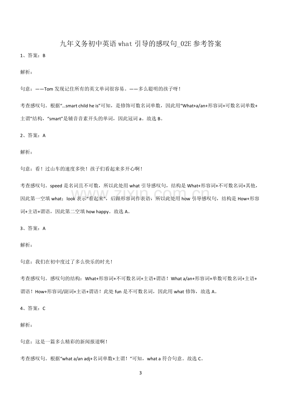 (文末附答案)九年义务初中英语what引导的感叹句基本知识过关训练.pdf_第3页