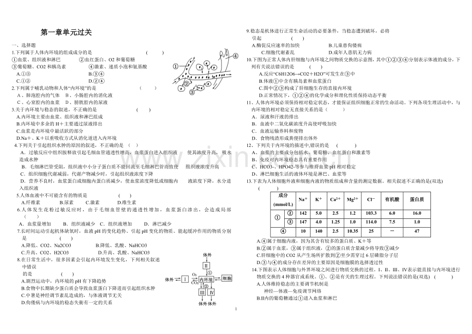 高中生物必修三第一章测试(答案).doc_第1页