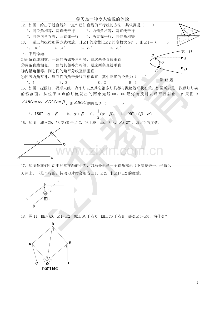 平行线与相交线考点、例题、练习归纳(提高培优).doc_第2页