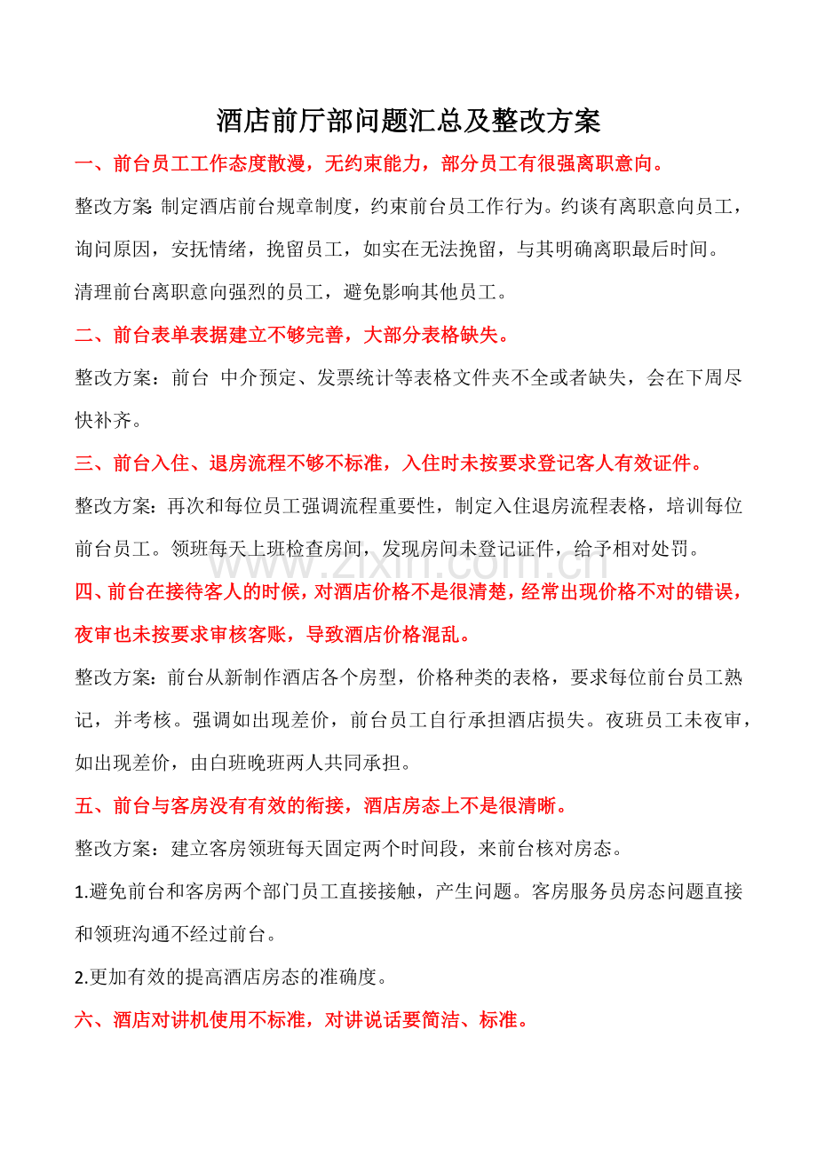 酒店前厅部问题汇总及整改方案.docx_第1页