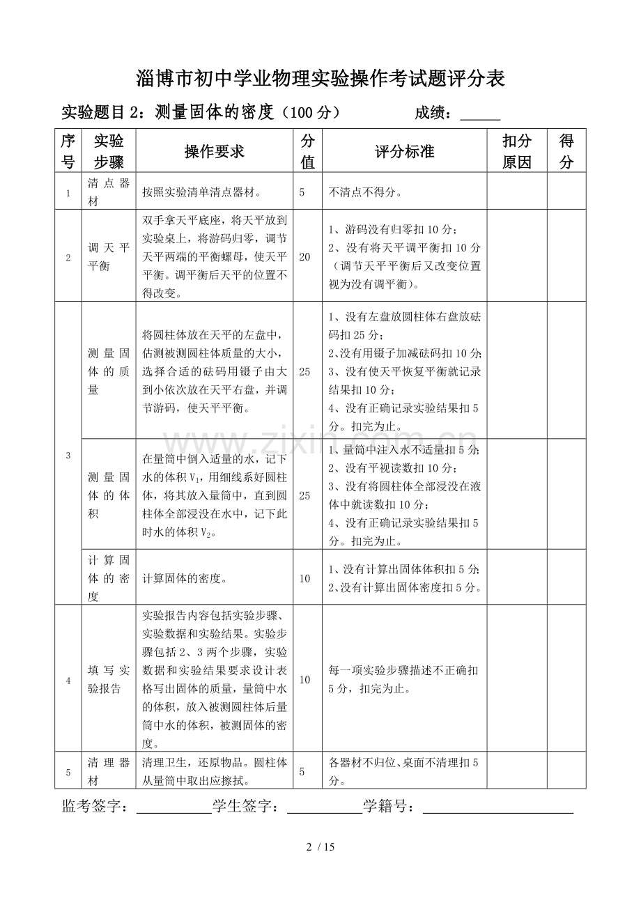 淄博市初级中学学业物理实验操作考试题评分表.doc_第2页