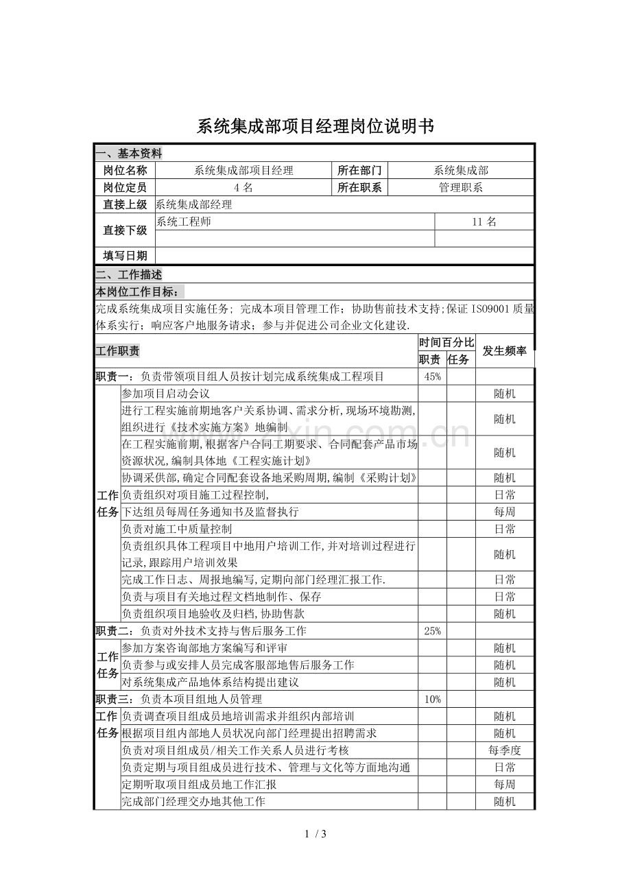 系统集成部项目经理岗位说明书.doc_第1页