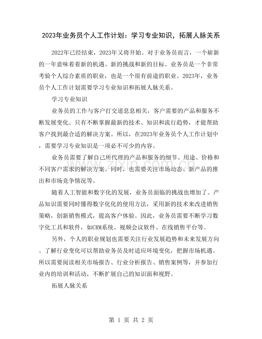 2023年业务员个人工作计划：学习专业知识-拓展人脉关系.doc_第1页