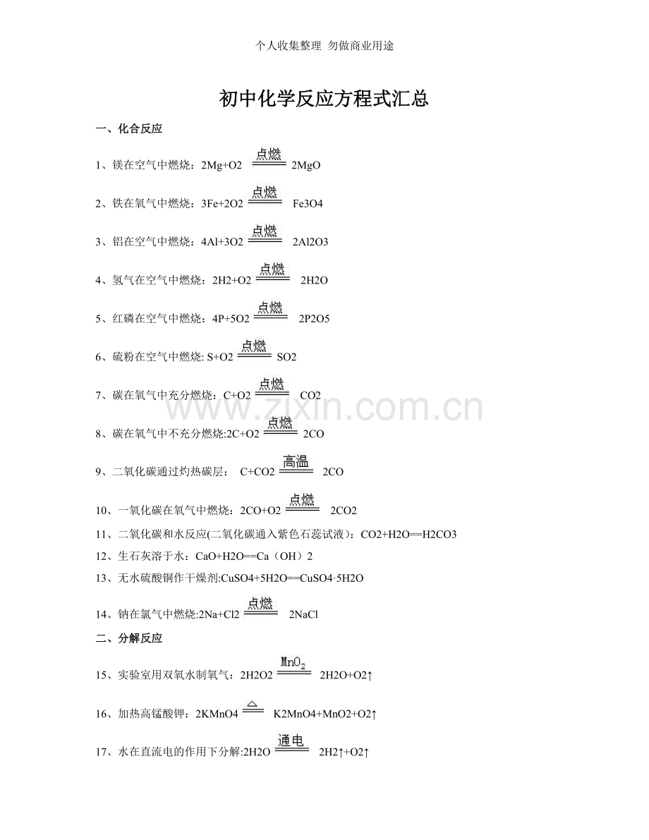 初中化学反应方程式汇总.doc_第1页