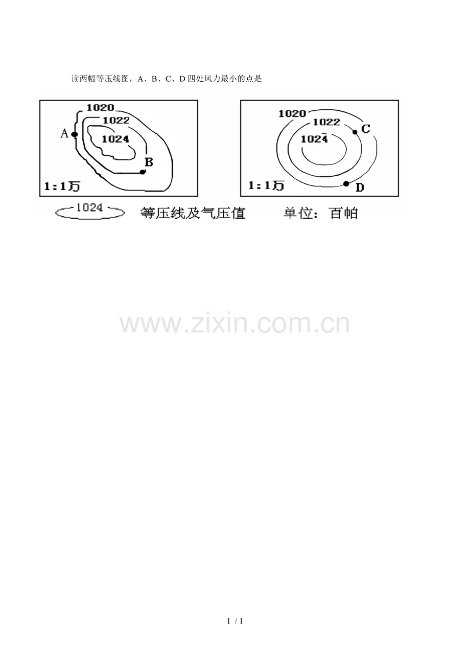 读两幅等压线图-A、B、C、D四处风力最小点是.doc_第1页