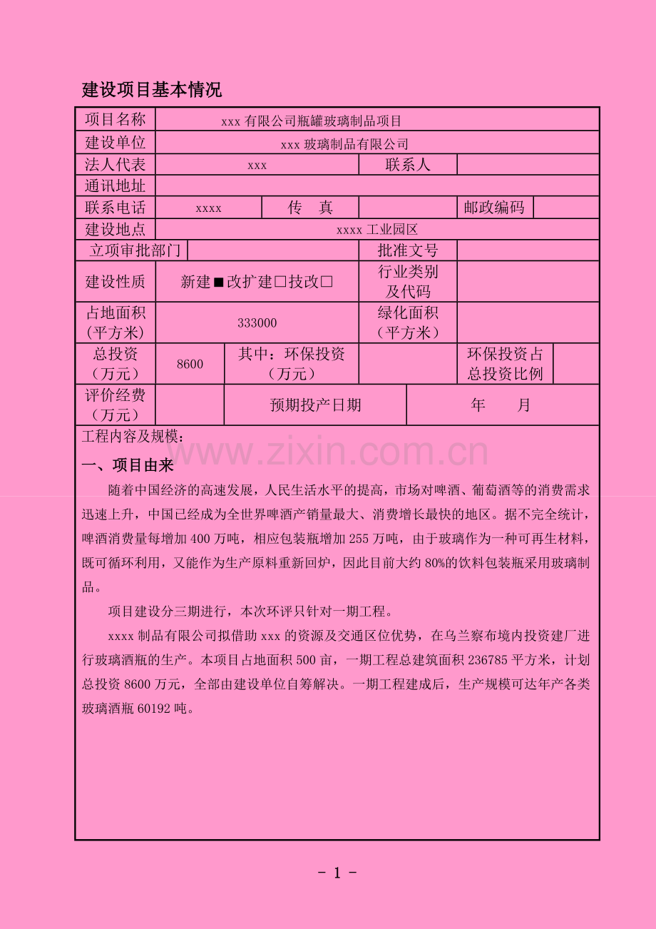 xxx有限公司瓶罐玻璃制品项目环境评估报告.doc_第1页