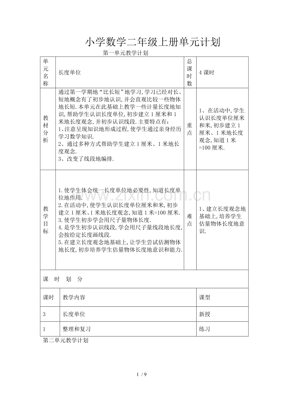 新人教版小学数学二上册单元计划.doc_第1页