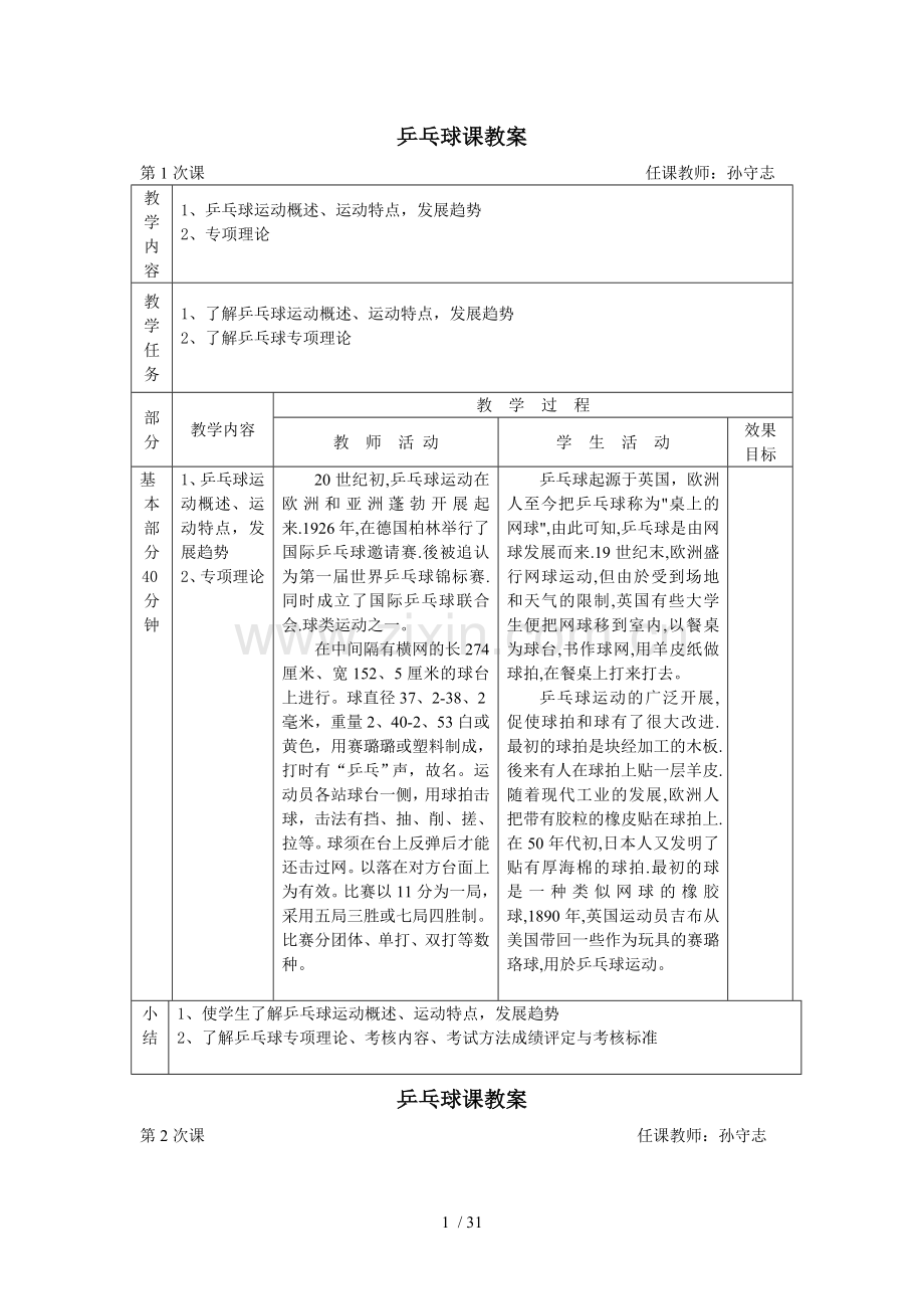 小学乒乓球课优秀教案.doc_第1页