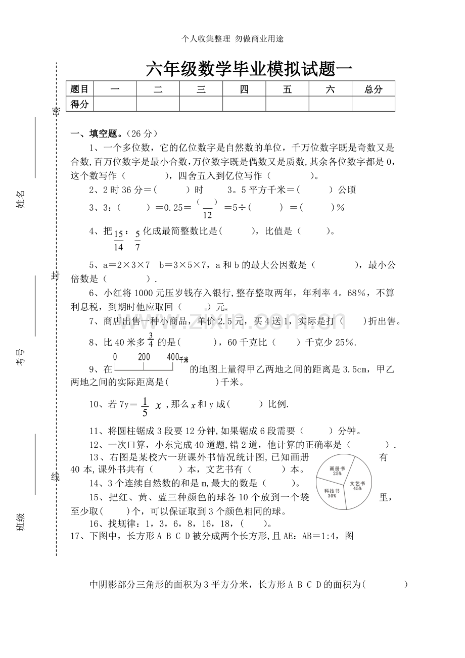 六年级数学毕业模拟试题一.doc_第1页