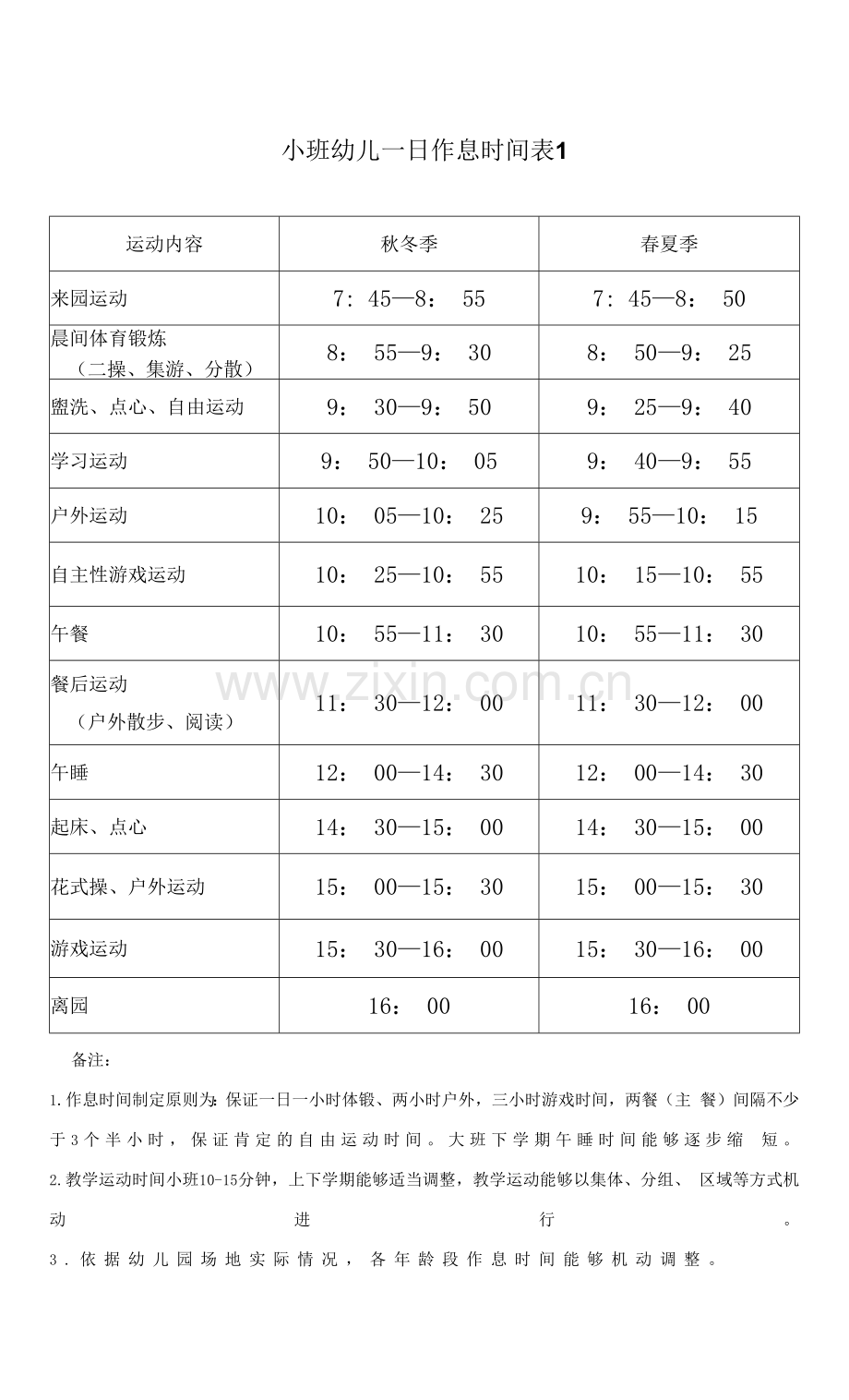 小班幼儿一日作息时间表模板.docx_第1页