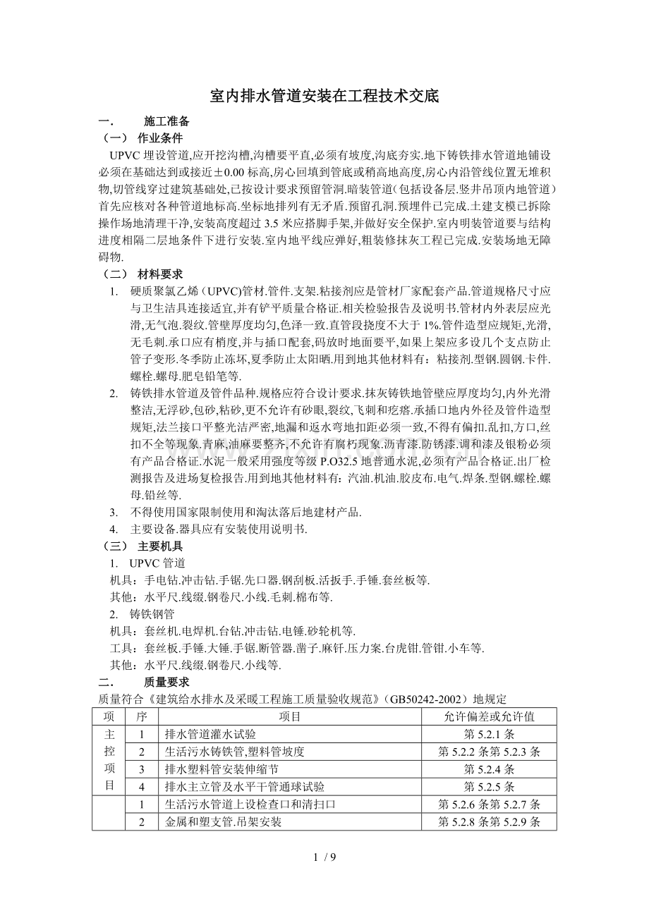 室内排水管道安装在工程技术交底.doc_第1页