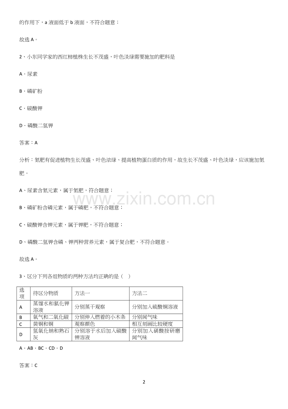 人教版2023初中化学九年级化学下册第十一单元盐化肥知识点题库.docx_第2页